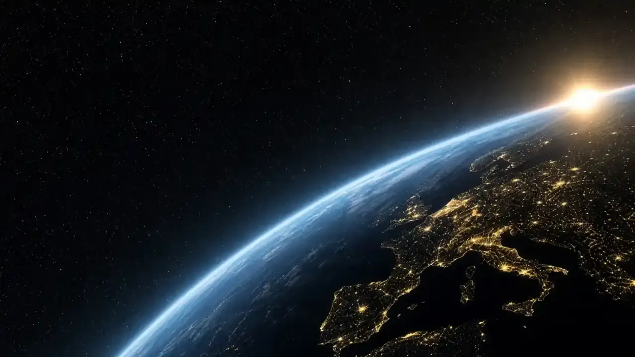 Planet Earth at night from orbit, with the lights of Europe and a sunrise on the horizon