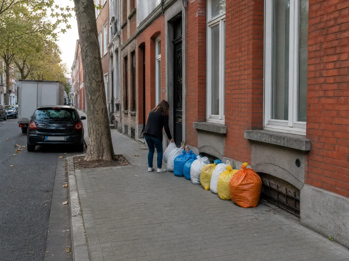 White, blue, yellow and orange rubbish bags lined up along a Brussels townhouse façade on collection evening