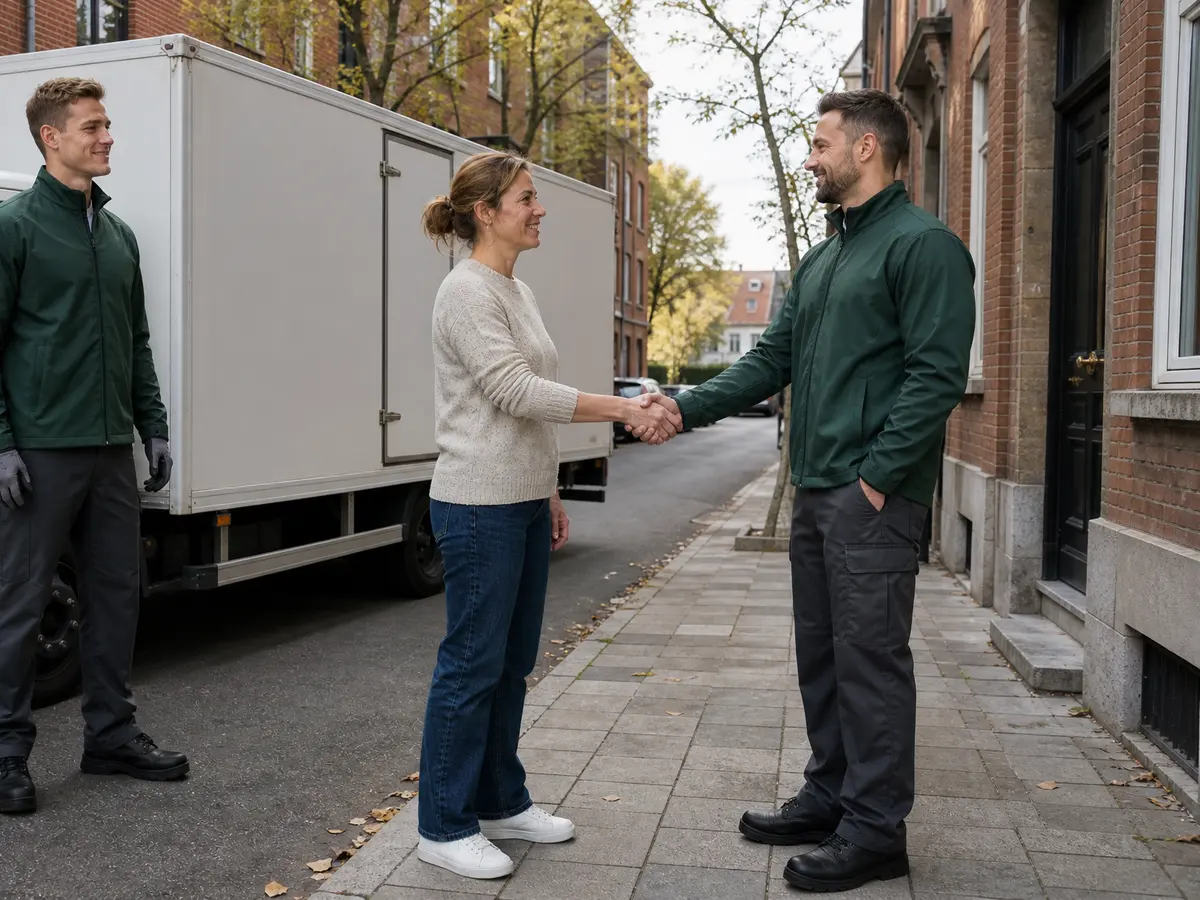 A customer shaking hands with a worker next to a white box truck in front of a Brussels townhouse
