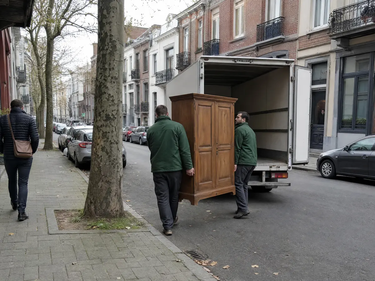 Two workers carrying a wardrobe from a Brussels apartment building to a white box truck during a clearance