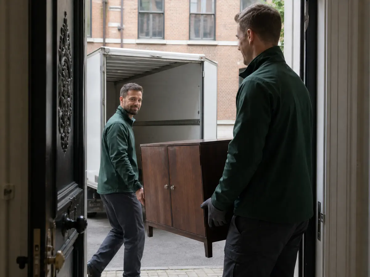 Two workers carrying a wooden cabinet out of a Brussels townhouse to a white box truck