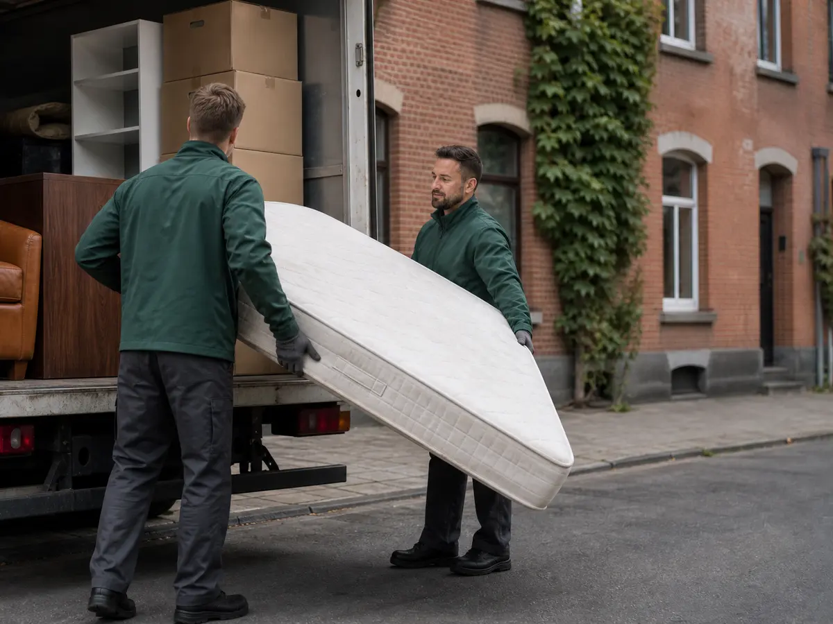 Two workers loading a mattress into a white box truck on a Brussels street during a private bulky waste pickup