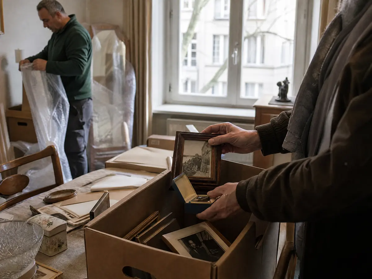 Hands placing framed photos and a jewellery box in a keep-box during an estate clearance in a Brussels flat