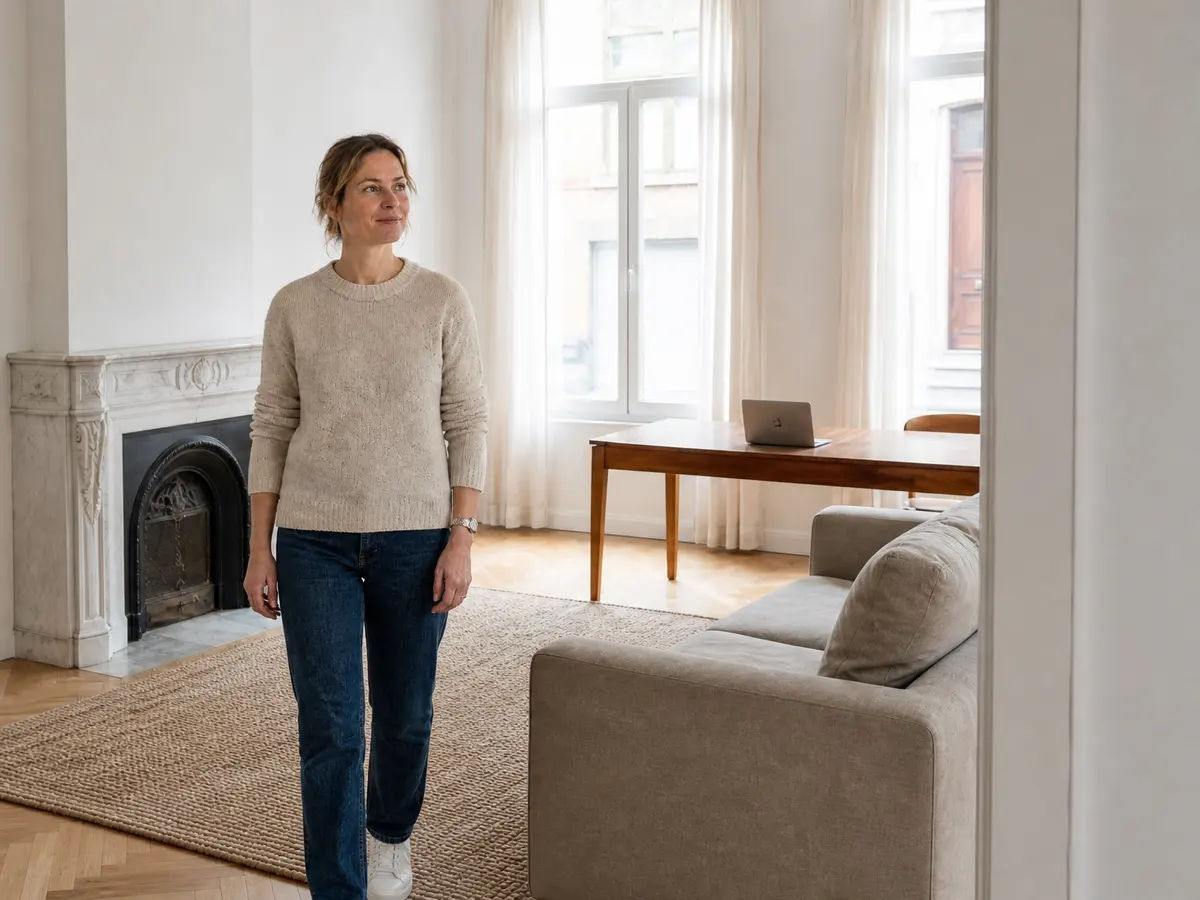 A woman standing in a cleared, empty Brussels living room with a marble fireplace after a house clearance