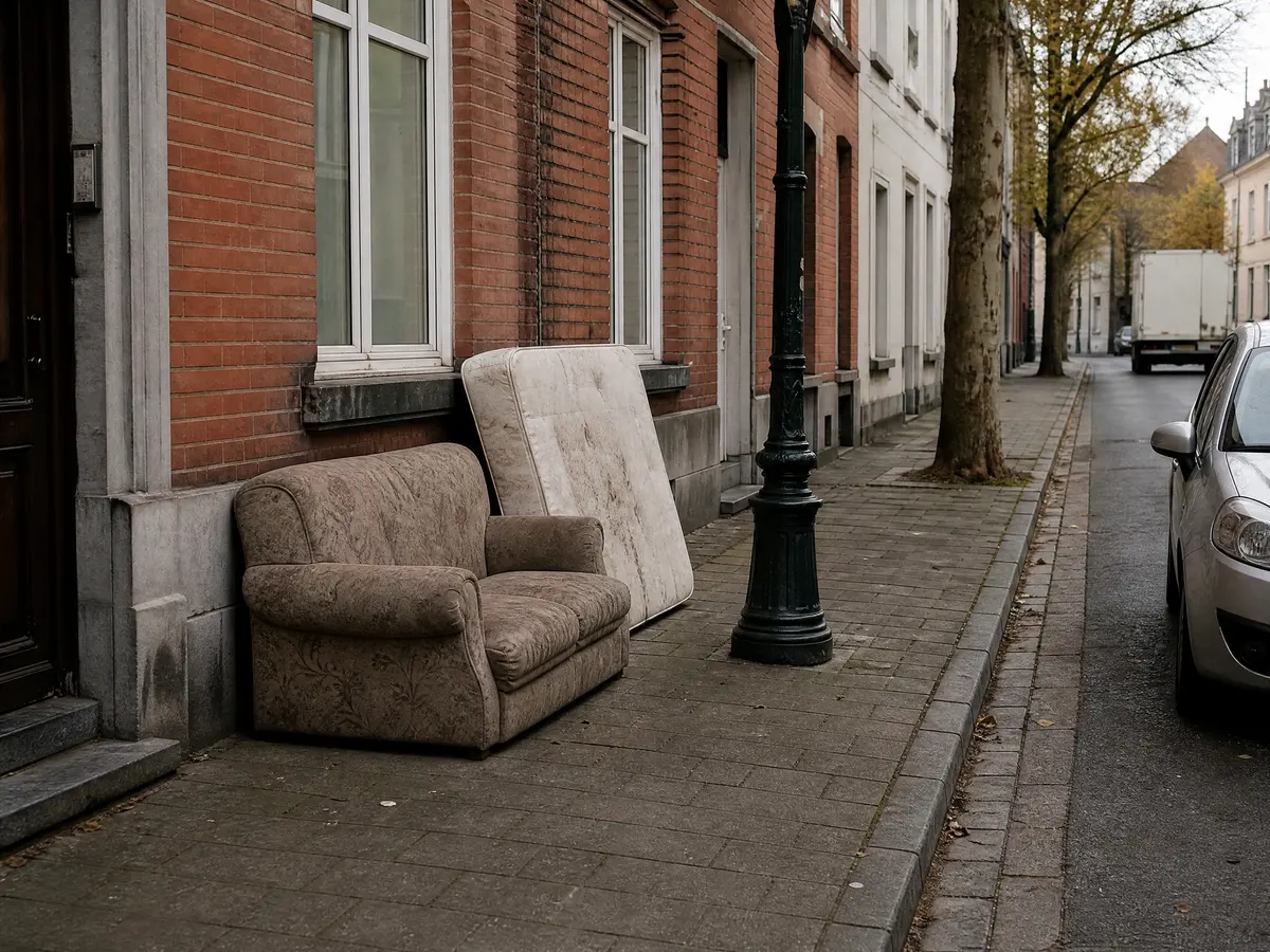 An old sofa and mattress left on a Brussels pavement against a brick townhouse, the kind of dumping that is fined