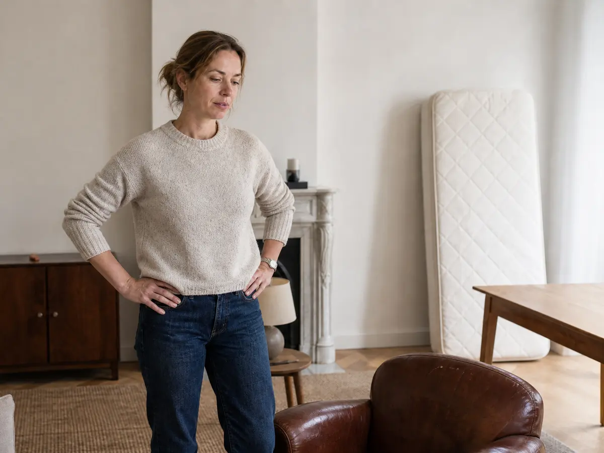 A woman in a Brussels living room with an armchair, boxes, a cabinet and a mattress she needs to get rid of