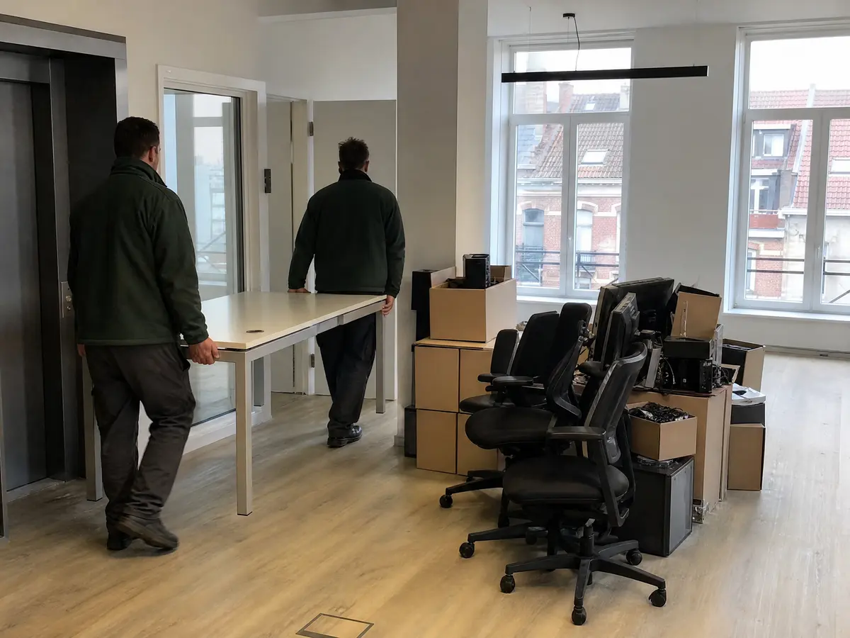 Two workers carry a desk through an open-plan Brussels office during a clearance, chairs and boxed IT stacked by the lift