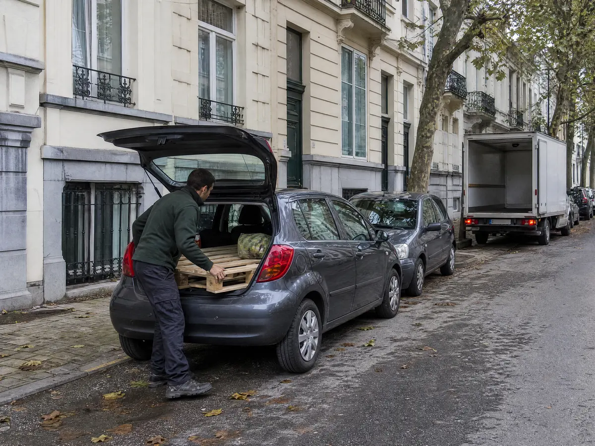 Hatchback outside a Brussels townhouse loaded with two wooden pallets, flattened boxes and a bag of leaves