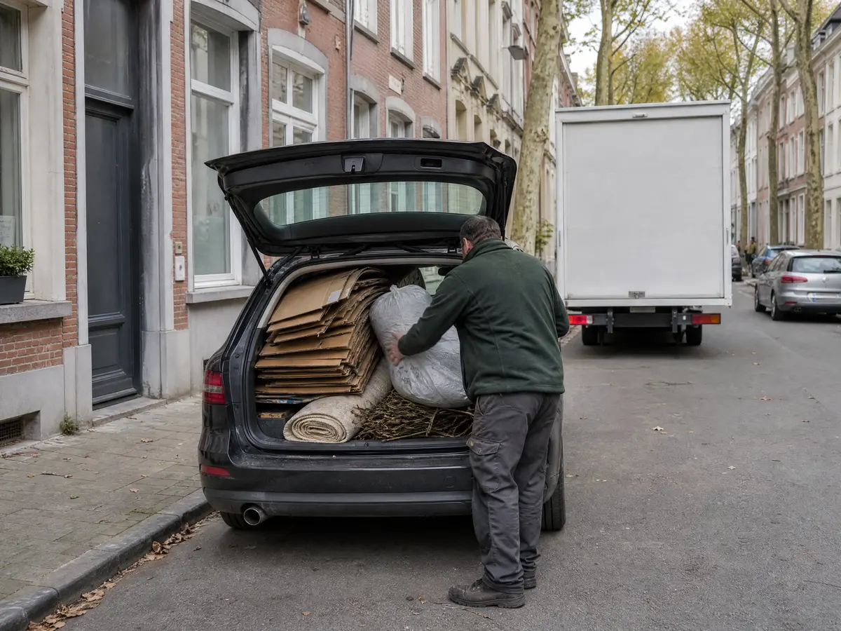 Car boot on a Brussels street with flattened cardboard, bagged rubble and a rolled carpet, sorted before a Recypark trip