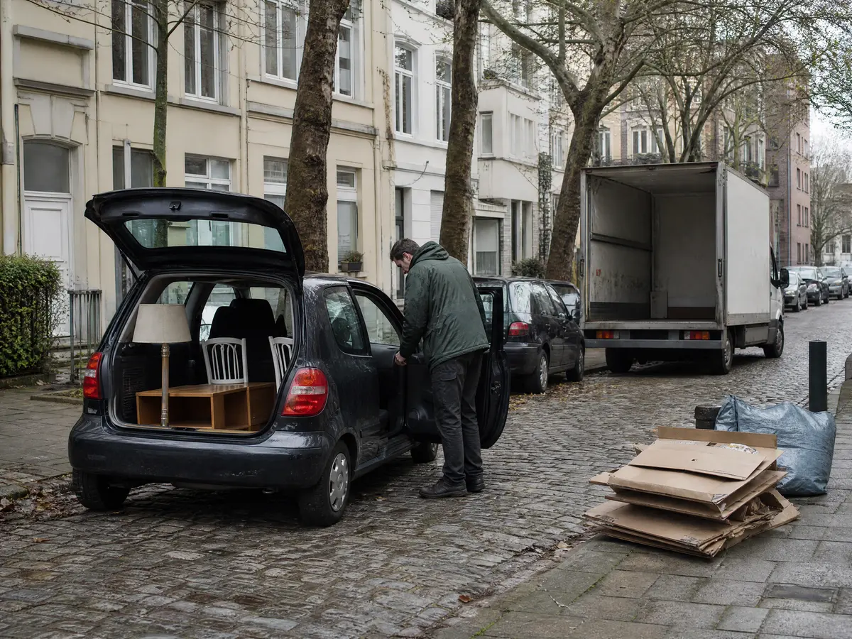 Hatchback in a north Brussels street holding a lamp, a flat bookcase and flattened cardboard sorted for the Recypark