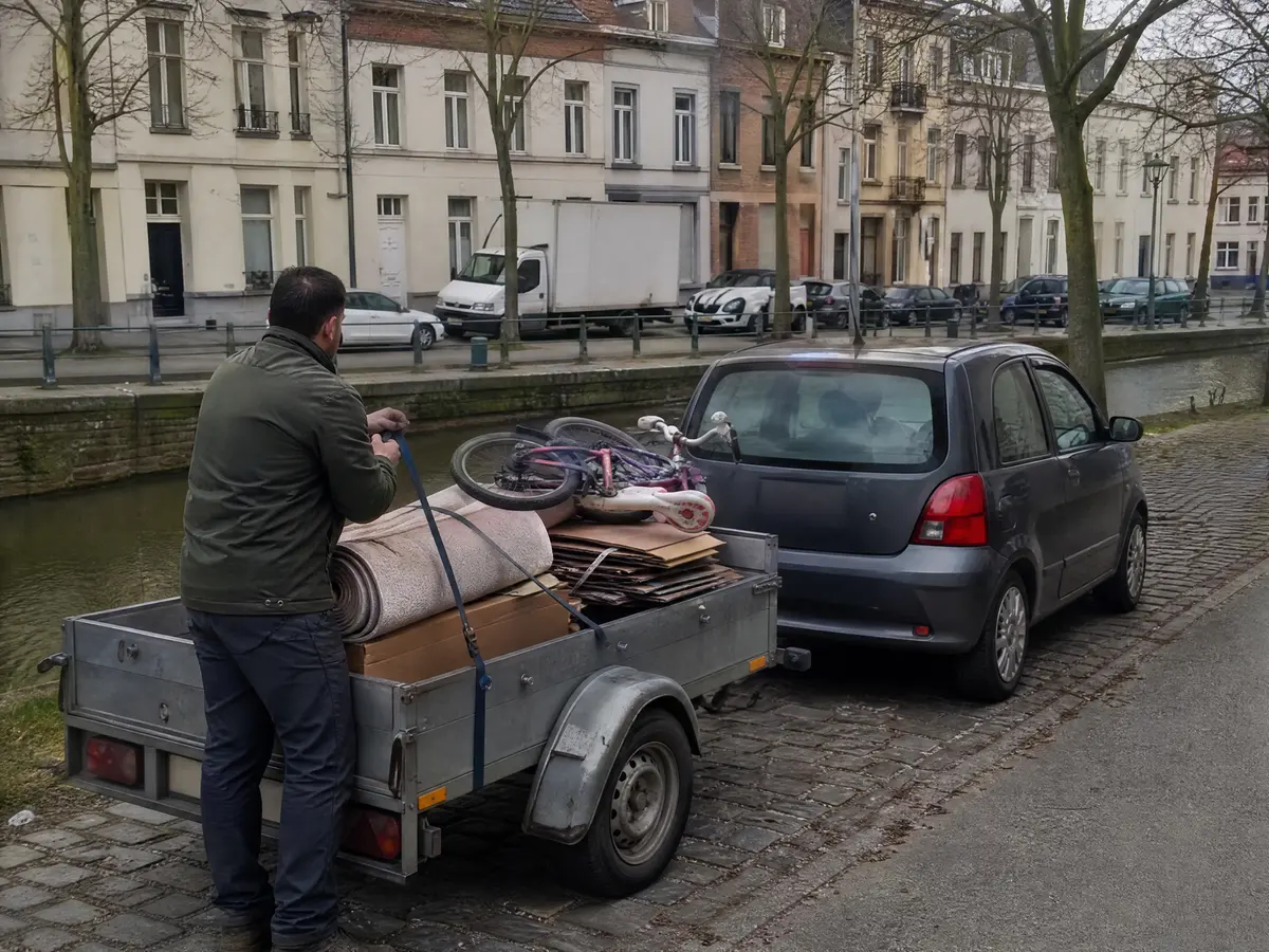 Car with a trailer of a rolled mattress, a child's bike and flattened boxes on a canal quay in Anderlecht, Brussels