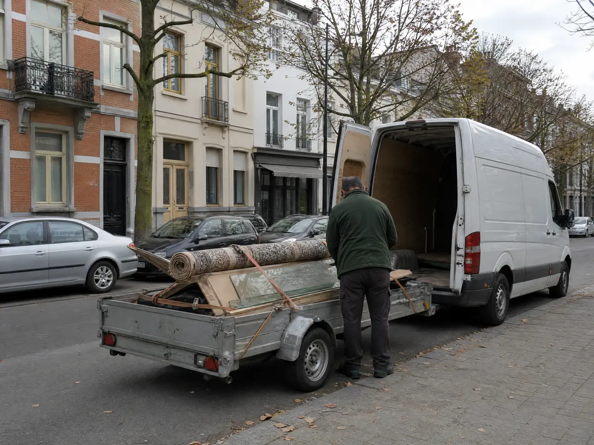 White van with a trailer of a rolled carpet and a dismantled bed frame on a boulevard in Forest, Brussels