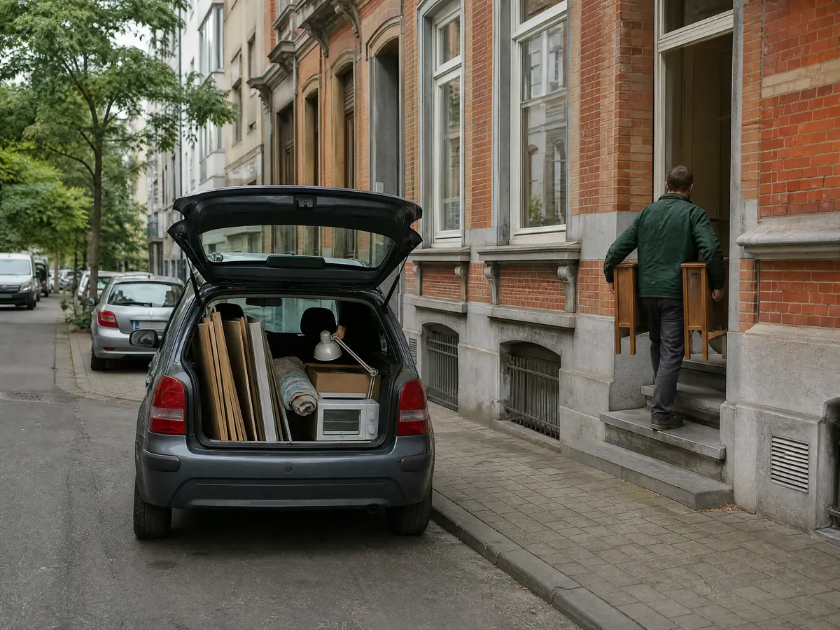 Car in a Brussels street with dismantled wardrobe panels, a folded parasol and small appliances ready for a drop-off