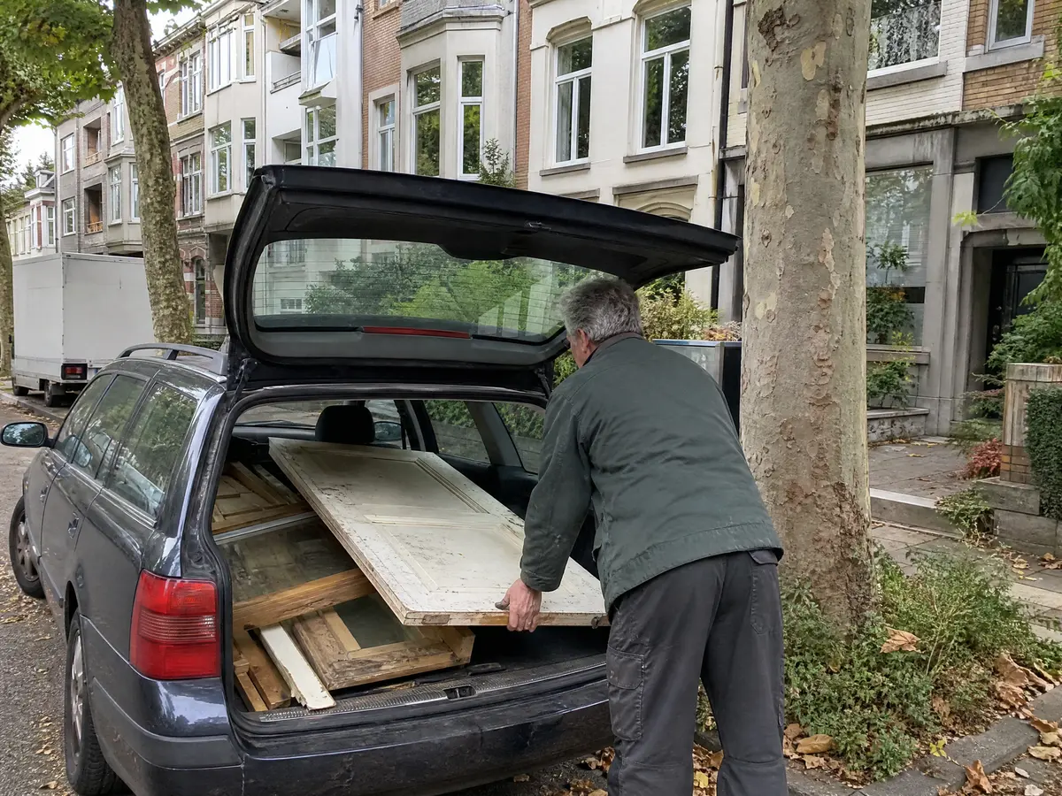 Estate car in a Woluwe-Saint-Pierre street with old interior doors and a window frame loaded flat in the back